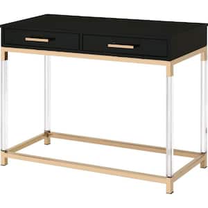 38 in. Black and Gold Rectangle Wood Top Console Table with Metal Base