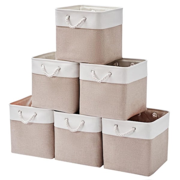 White & Beige 13 in. x 13 in. Linen Fabric Storage Cubes Set of 6, Foldable Collapsible Bins with Handles for Organizing