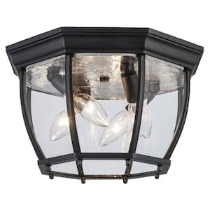 Angelus 13 in. 4-Light Black Outdoor Flush Mount Ceiling Light Fixture with Clear Glass