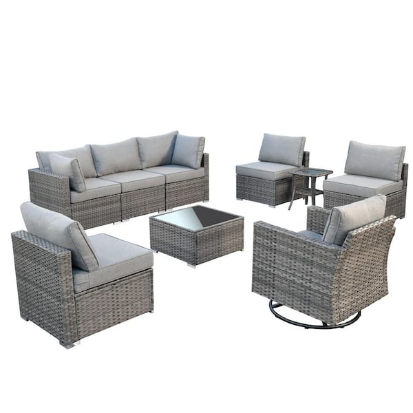 Sanibel Gray 9-Piece Wicker Outdoor Patio Conversation Sofa Set with a Swivel Rocking Chair and Dark Gray Cushions