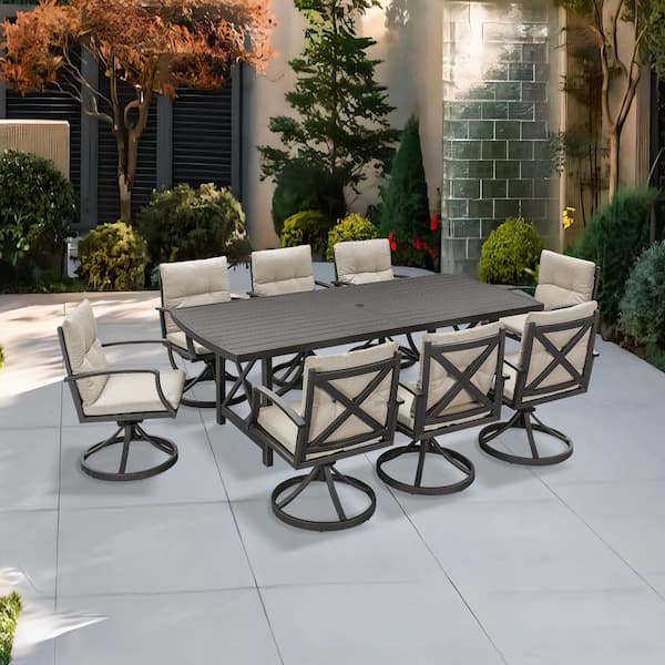 AluLux 9-Piece Dark Brown Aluminum Outdoor Dining Set with 8-Swivel Dining Chairs, Rectangular Table and Beige Cushions