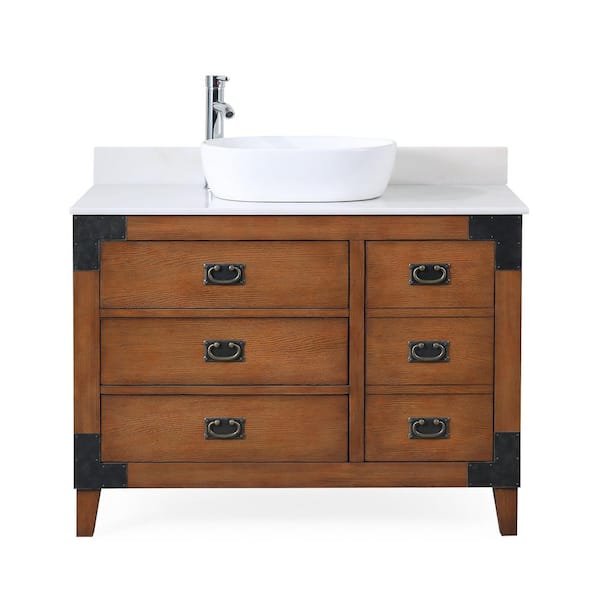 Akira 42 in. W x 22 in. D x 32 in. H Single Sink Bathroom Vessel Sink Vanity in medium brown with White Marble top