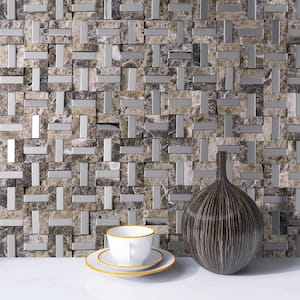 Silver Brick Brown 12.01 in. x 12.01 in. Brick Joint Polished Marble Mosaic Tile Sample