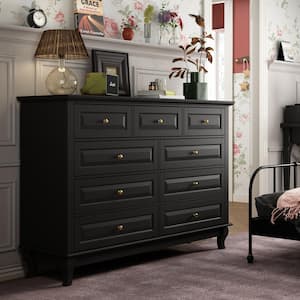 9-Drawer Black Wood Dresser Storage Cabinet Modern Style 37 in. H x 55.1 in. W x 15.7 in. D