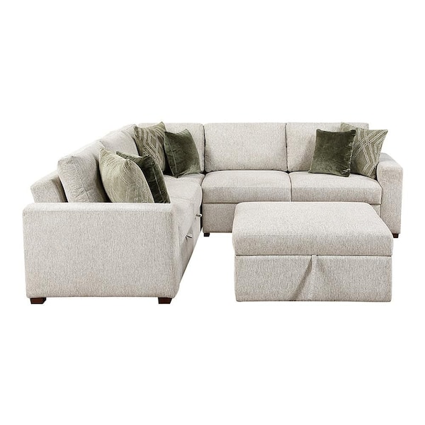 Lazzara Deleon 107.5 in. Straight Arm 4-Piece Microfiber Sectional Sofa with Pull-out Bed and Ottoman in Sand