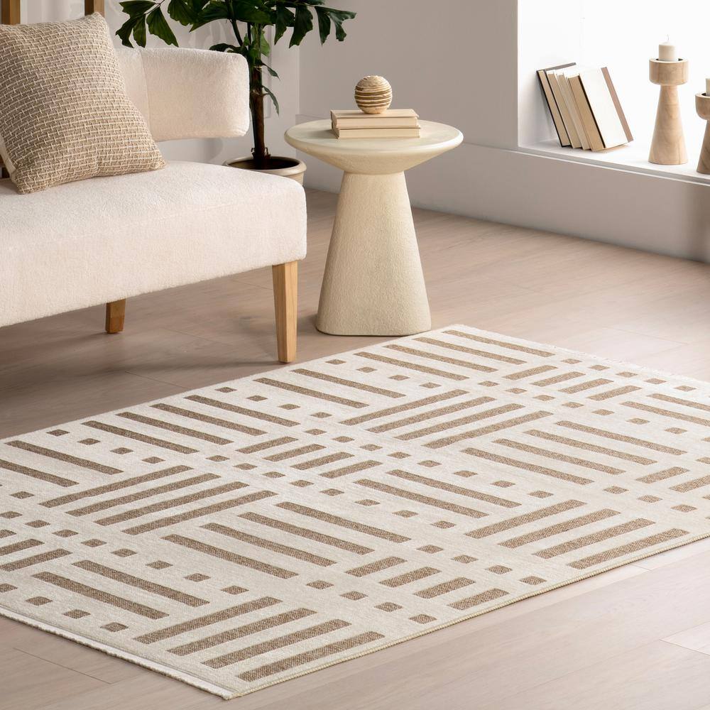 Mina Beige and Brown Geometric Reversible Washable Area Rug