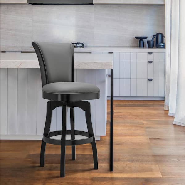 Armen Living Raleigh 30 in. Bar Height Swivel Barstool in Black Finish and Gray Faux Leather