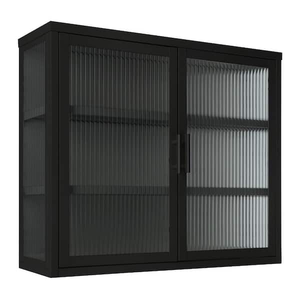 Miscool Anky 27.6 in. W x 9.1 in. D x 23.6 in. H Retro Bathroom Storage Wall Cabinet with Fluted Glass Doors in Black