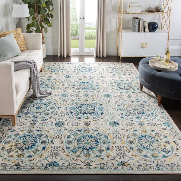 Evoke Ivory/Blue 9 ft. x 12 ft. Floral Border Circles Area Rug