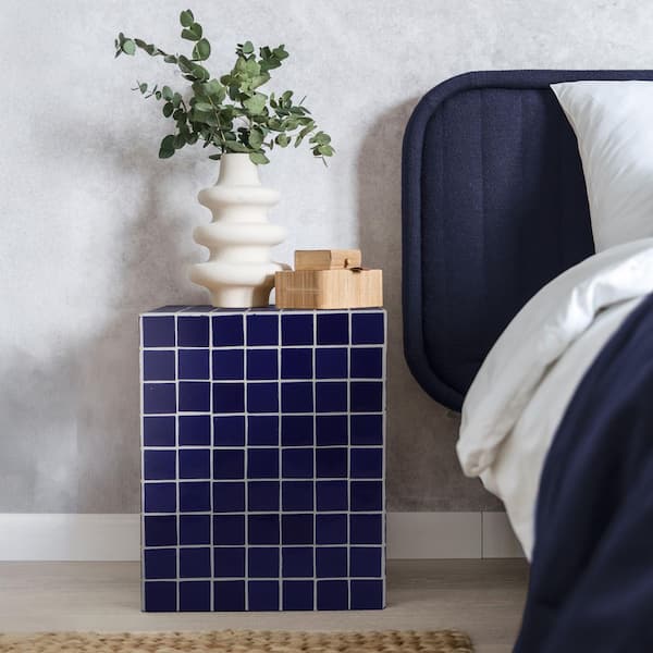 Callista 14 in. W x 18 in. H Modern Bohemian Ceramic Tiled Rectangle End Table, Navy/White