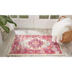 Passion Ivory/Fuchsia doormat 2 ft. x 3 ft. Bordered Transitional Kitchen Area Rug