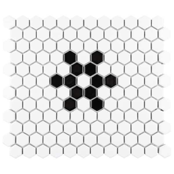 Merola Tile Metro 1 in. Hex Glossy White with Snowflake 6 in. x 6 in. Porcelain Mosaic Take Home Tile Sample