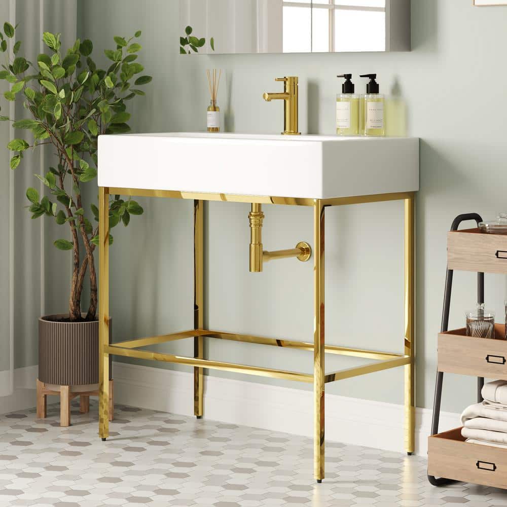 White Ceramic Console Sink with Gold Stainless Steel Frame