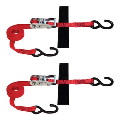 8 ft. x 1 in. S-Hook Ratchet Strap with Hook and Loop Storage Fastener in Red (2-Pack)
