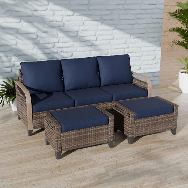 3-Piece Brown Wicker Outdoor Patio Conversation Set with Blue Cushions Loveseat and Ottomans