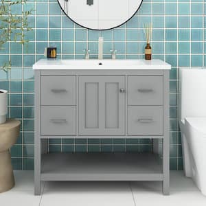 36 in.W x 18 in. D x 34 in. H Freestanding Bath Vanity in Gray with White Cultured Marble Top
