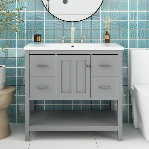 Staykiwi 36 in.W x 18 in. D x 34 in. H Freestanding Bath Vanity in Gray with White Cultured Marble Top
