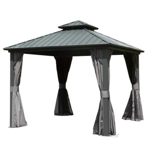 ToolCat 8 ft. x 8 ft. Gray Hardtop Gazebo, Aluminum Metal Gazebo with Galvanized Steel Double Roof Canopy, Curtain and Netting