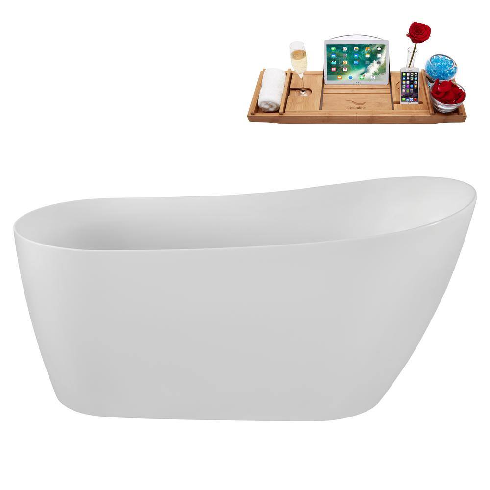 59" Glossy White Acrylic Freestanding Soaking Bathtub with Polished Gold Trim