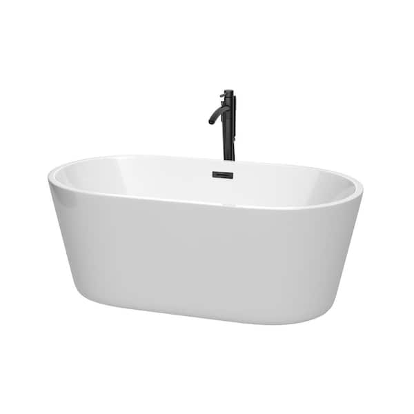 Wyndham Collection Carissa 60 in. Acrylic Flatbottom Bathtub in White with Matte Black Trim and Faucet