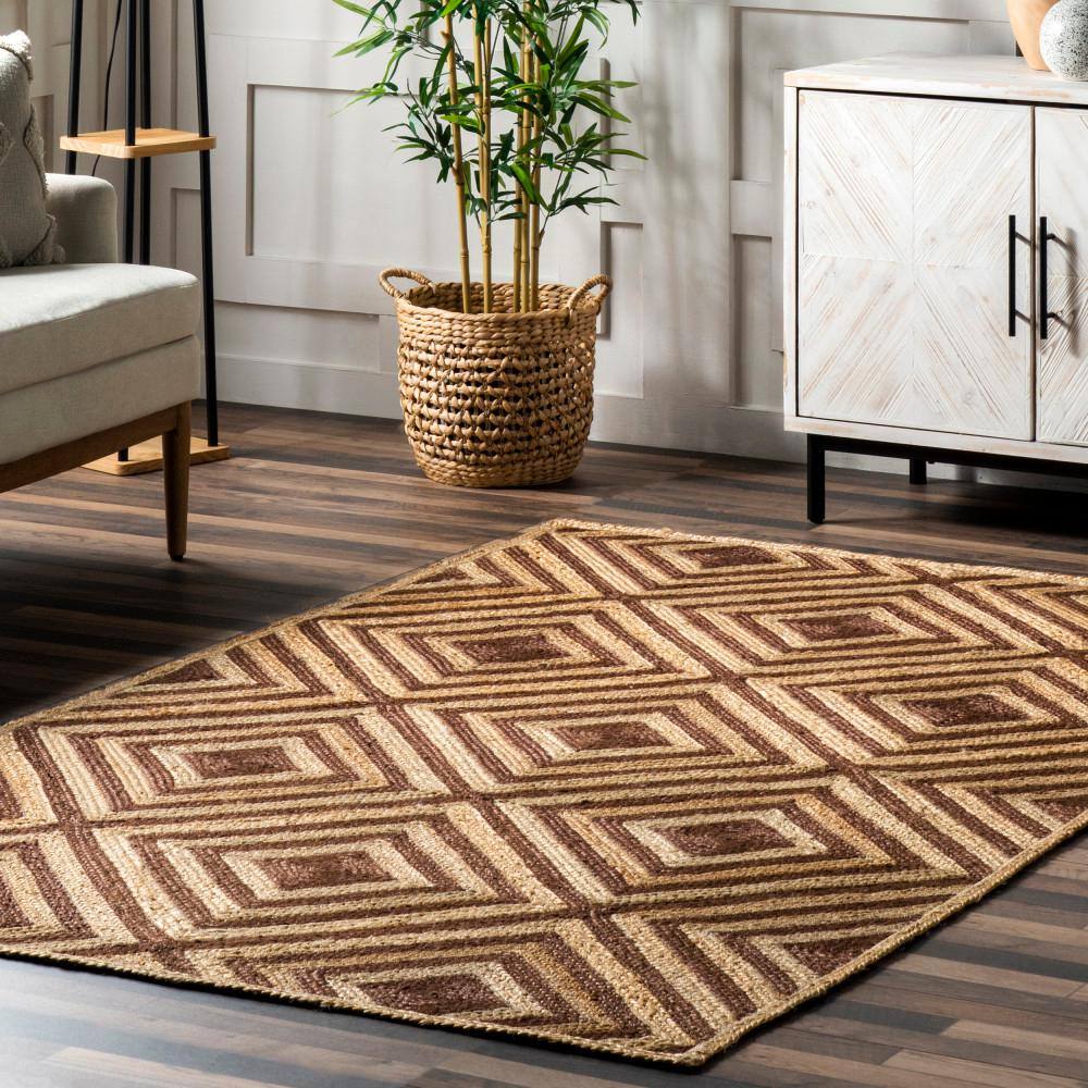 Brown and Beige Jute Art Deco 9' x 12' Area Rug