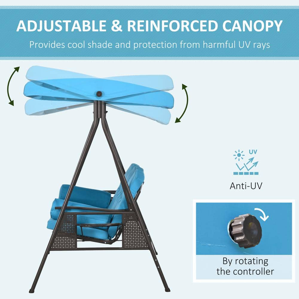 Blue Steel Frame 3-Seat Outdoor Patio Swing with Canopy and Cushions