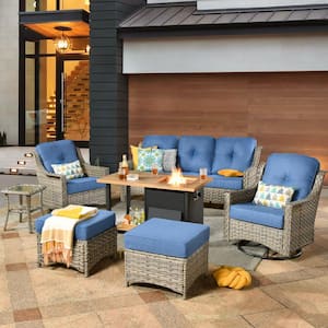 Tulip B Gray 7-Piece Wicker Patio Storage Fire Pit Conversation Set with Swivel Rocking Chairs and Diamond Blue Cushions