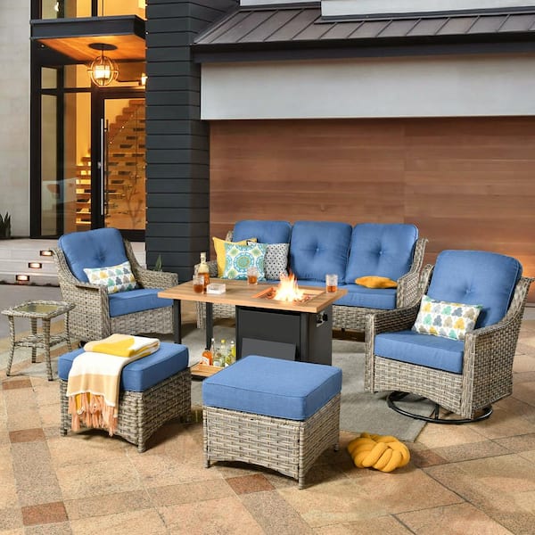 weaxty W Tulip B Gray 7-Piece Wicker Patio Storage Fire Pit Conversation Set with Swivel Rocking Chairs and Diamond Blue Cushions