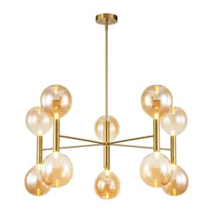 Everitt 10-Light Brass Mid-Century Dining Room Chandelier Amber Glass Globe Sputnik Vintage Chandelier
