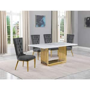 Lisa 5-Piece Rectangular White Marble Top Gold Chrome Base Dining Set with Dark Gray Velvet Chairs Seats 4