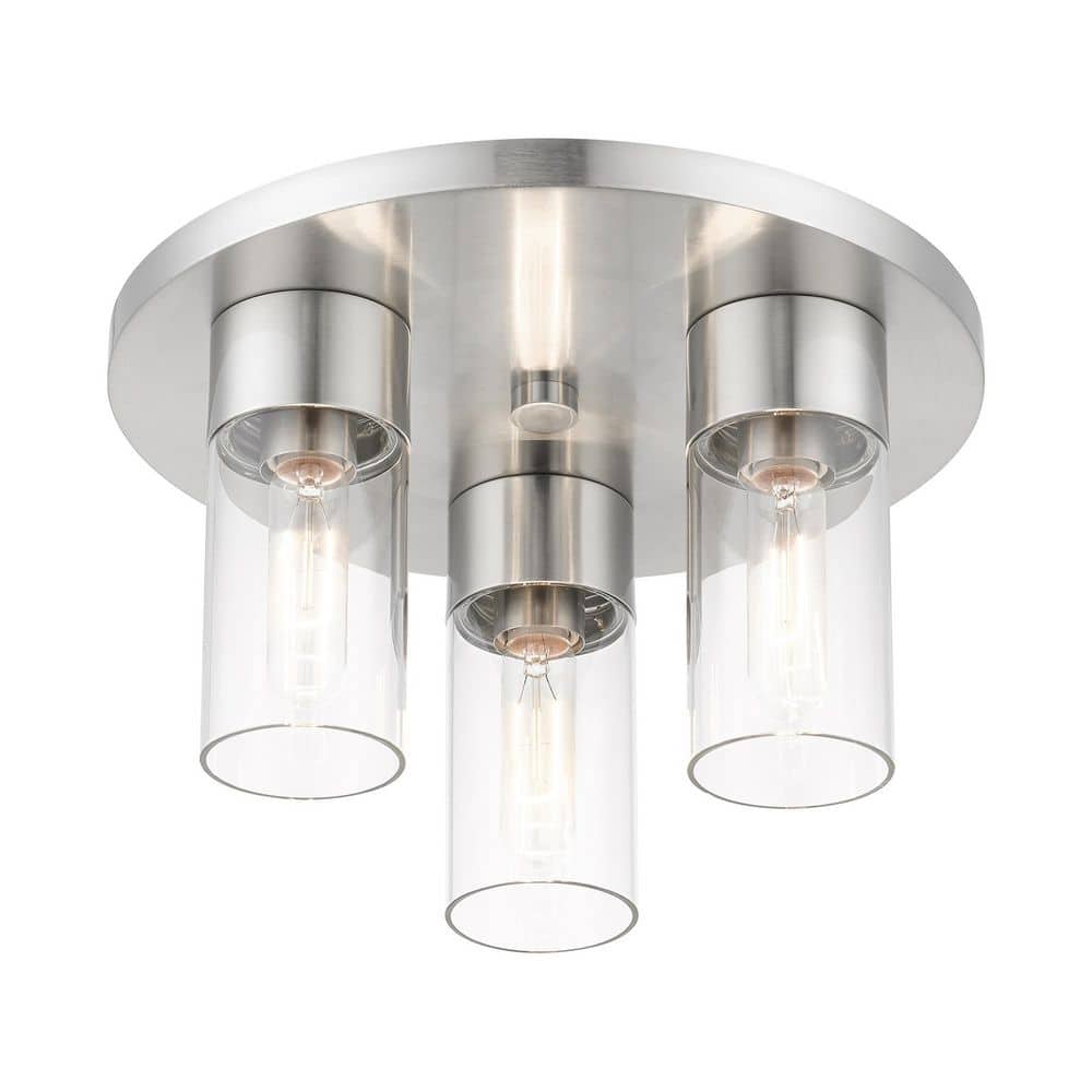 Sleek Brushed Nickel 3-Light Flush Mount with Clear Glass