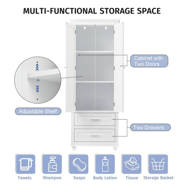 Modern MDF White Tall Storage Cabinet with 2-Doors, 2