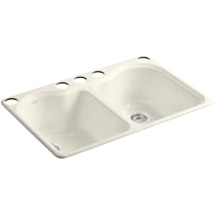 Hartland Undermount Cast-Iron 33 in. 5-Hole Double Bowl Kitchen Sink in Biscuit