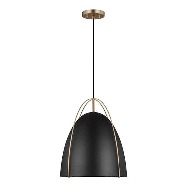 Generation Lighting Norman 1-Light Satin Brass Large Hanging Pendant Light with Midnight Black Steel Shade