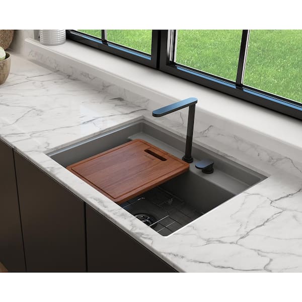 Baveno Uno Matte Gray Fireclay 27 in. Single Bowl Undermount/Drop-In 2-hole Kitchen Sink w/Integrated WS and Acc.