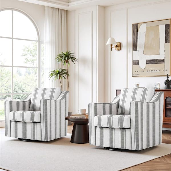 Uixe Modern Gray Stripe Line Upholstered Swivel Accent Barrel