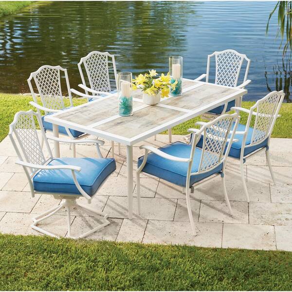 Hampton Bay Alveranda 7-Piece Metal Outdoor Dining Set with Periwinkle Cushions