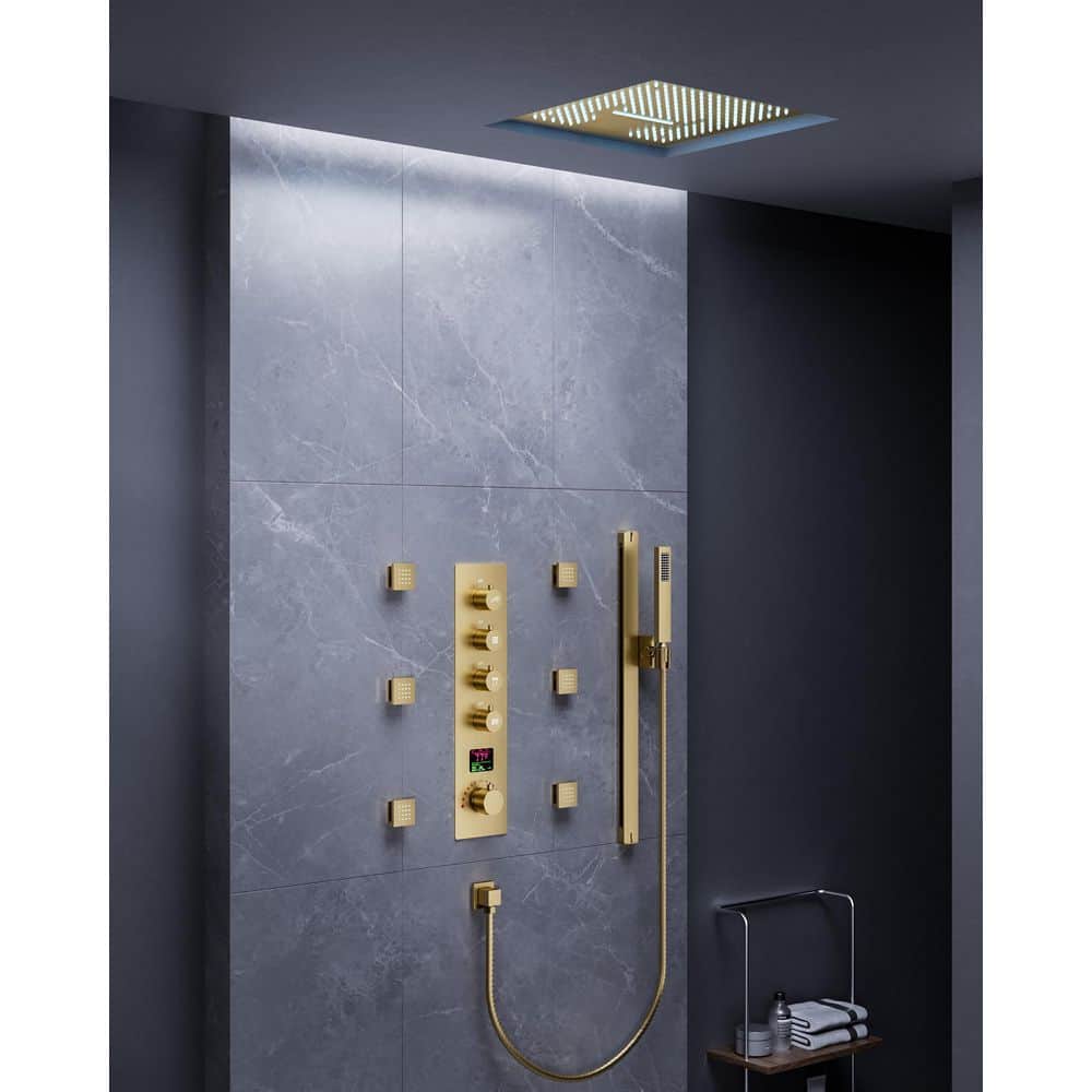 Large Brushed Gold LED Ceiling Mount Shower System