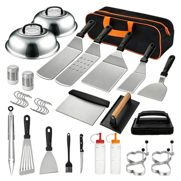Stainless Steel Griddle Accessories Kit with Enlarged Spatulas, Basting Cover and Scraper for BBQ and Outdoor (35-Pack)