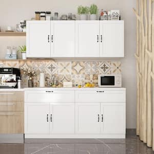 White Wooden 63 in. W Sideboard, Storage Cabinet, with Wall Mounted Kitchen Cabinet (2 Parts)