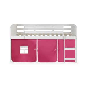 White Twin Louver Low Loft Bed with Pink Tent