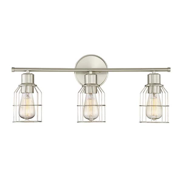 TUXEDO PARK LIGHTING 24 in. W x 11 in. H 3-Light Brushed Nickel Bathroom Vanity Light with Metal Cage Shades