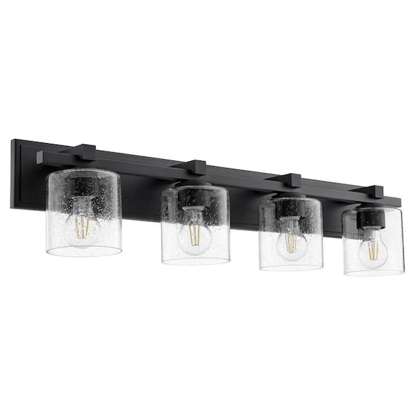 Kaplan, 33 in. W 4-Lights, Textured Black Fixture Color Finish Vanity Light with Seeded Glass Shades