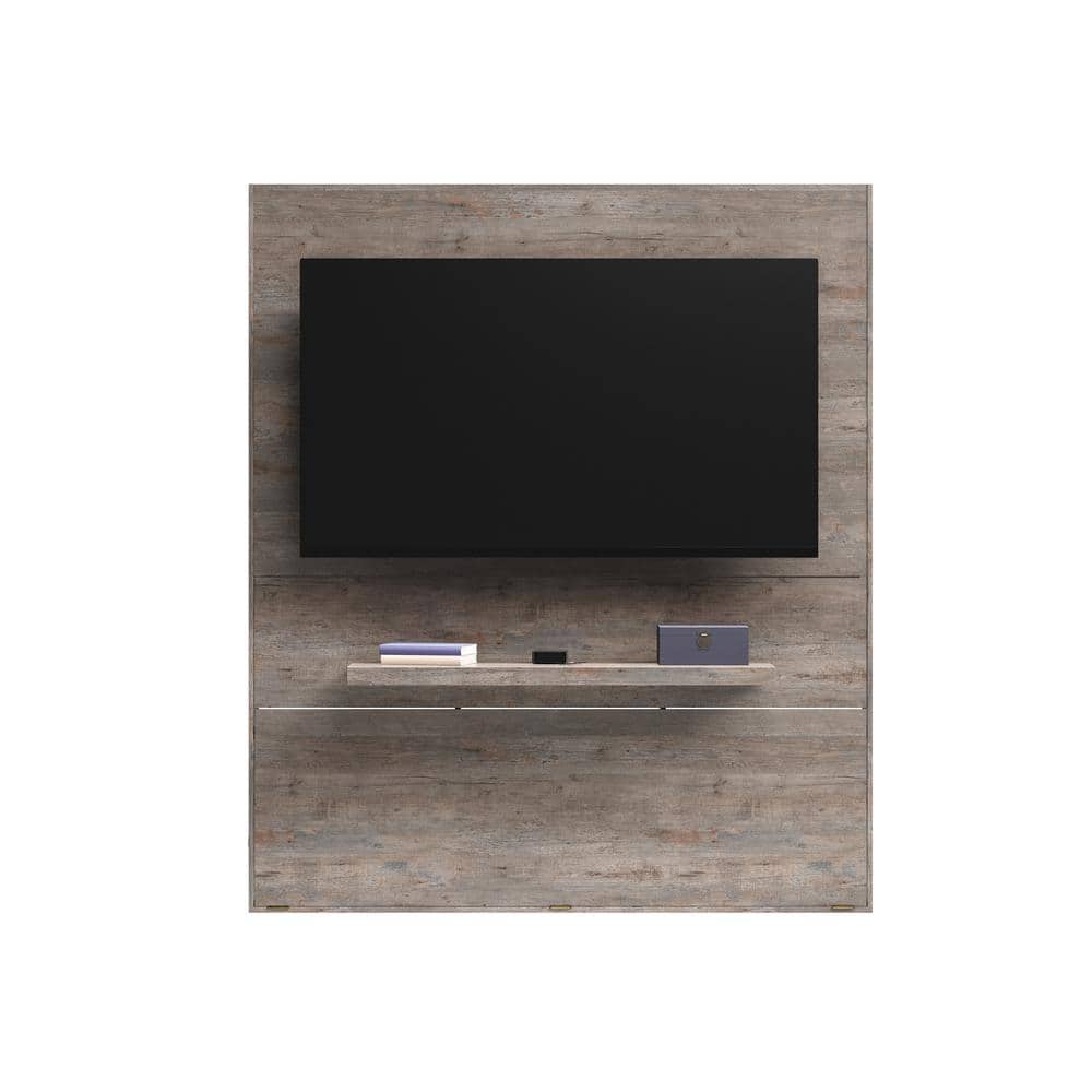 Weathered Wood Entertainment Wall with Floating Shelf and LED Lights