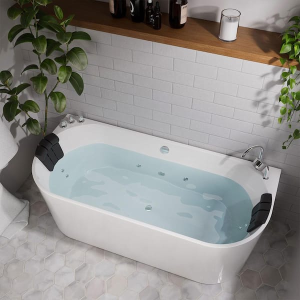 67 in. Center Drain Acrylic Freestanding Flatbottom Whirlpool Bathtub in White with Faucet - Water Jets