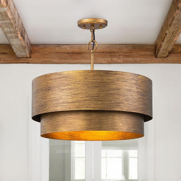 20 in. 4-Light Rustic Farmhouse Antique Gold Tiered Drum Semi-Flush Mount Pendant Ceiling Light