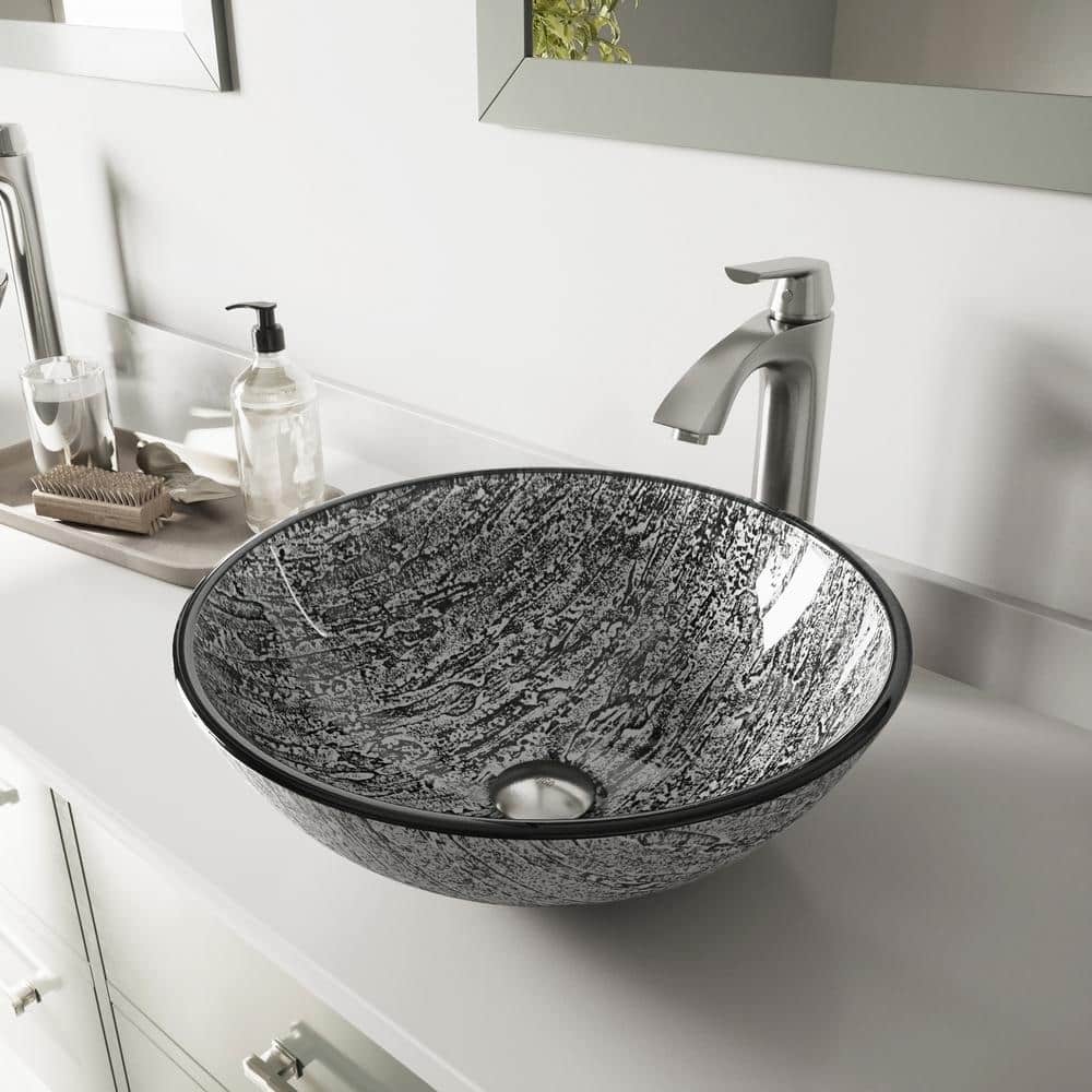 Slate Grey Round Glass Vessel Sink with Brushed Nickel Faucet