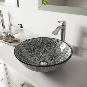 Glass Round Vessel Bathroom Sink in Titanium Gray with Linus Faucet and Pop-Up Drain in Brushed Nickel