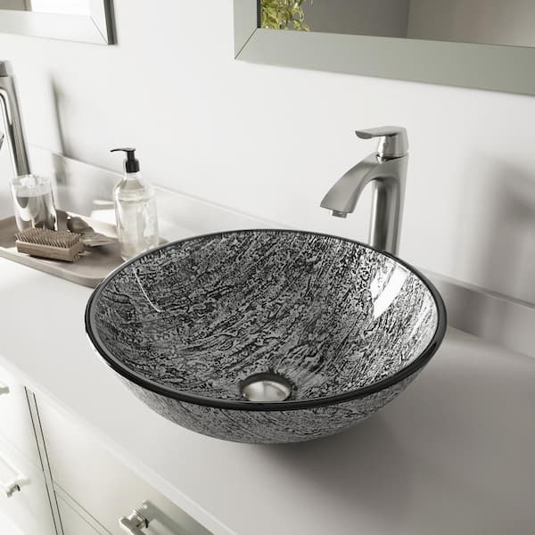 VIGO Glass Round Vessel Bathroom Sink in Titanium Gray with Linus Faucet and Pop-Up Drain in Brushed Nickel