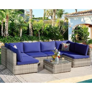 Grey Frame 7-Piece Wicker Patio Conversation Set with Navy Blue Cushions Pillows and Glass Table